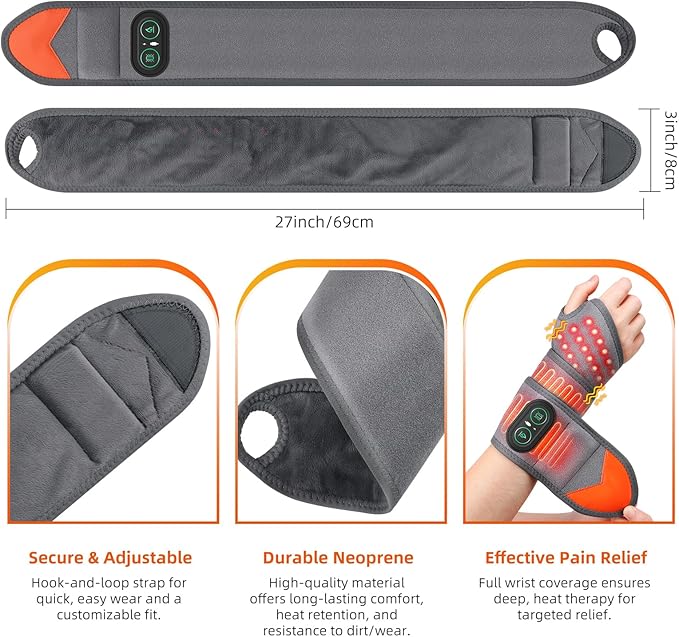 Cordless Wrist Heating Pad for Pain Relief, Wrist Massager for Carpal Tunnel, Heated Wrist Wrap Brace for Arthritis, Red Light Therapy Wrist Brace with 3000mAh Rechargeable, Gray