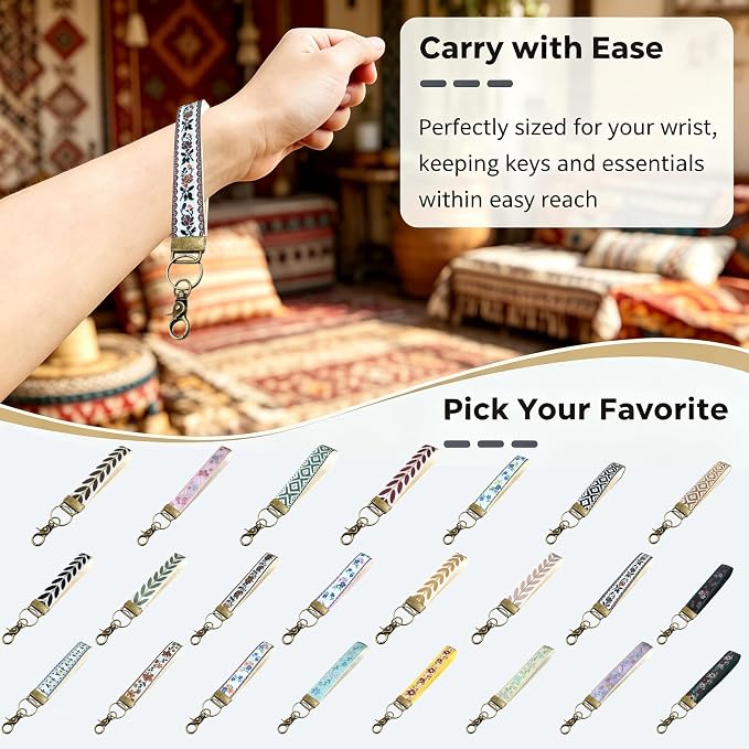 Boho Vintage Embroidered Floral plant Wristlet Keychain for Women | Cute Lanyard&Antique Brass Clasp, Lightweight Hands-Free Key Holder for keys,purses,handbags and daily outdoor use for ladies