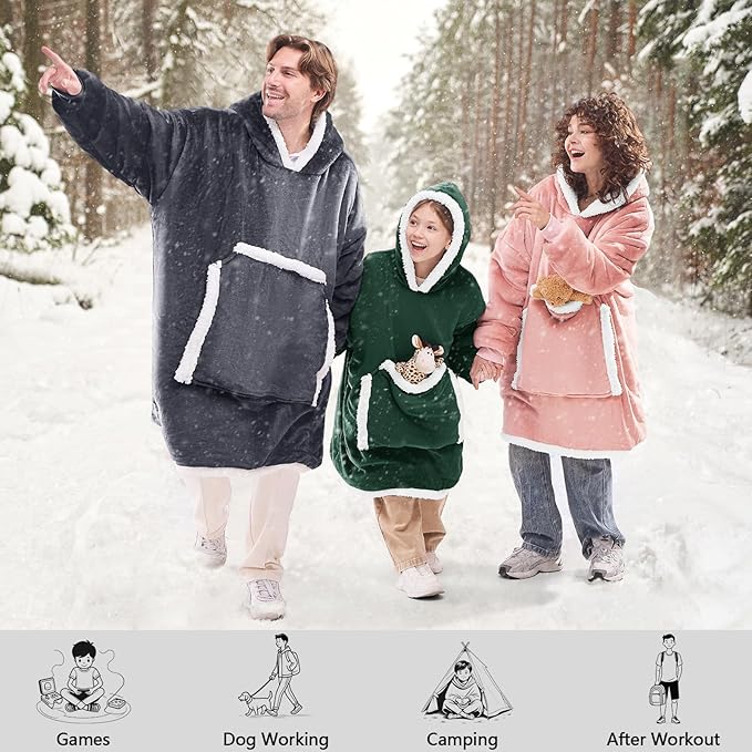 JOYWOO Green Kids Wearable Blanket Hoodie, Oversized Cat lovers Hoodie Blanket for kids & Teens,Birthday Gifts for Girl Boys,Cozy Fuzzy Sherpa Fleece Blanket Giant Pocket Winter Gifts,Dark Green