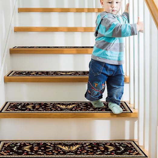 Moth Mushroom Stair Treads 15 Pack Non Slip Washable Stair Runner | 15PCS Moth Runners Non Slip Washable, Forest Mushroom Carpet Stairs, 8x30 Inch Silicone Backing