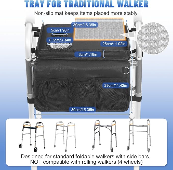 Rhino Valley Walker Tray for Folding Walker,Tray for Walker with Cup Holder | Tray for Walkers with Non-Slip Mat for Food, 3 Front Pockets & 6 Cup Holders, Walker Accessories for Senior, Black