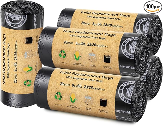 BLIKA 100 Count Toilet Replacement Bags, 8 Gallon, 30 Liter, Heavy Duty 1 Mil, Compost Bags 8 Gallon, Camping Toilet Bags for Portable Toilet, Car Travel, Camping, Long Trips