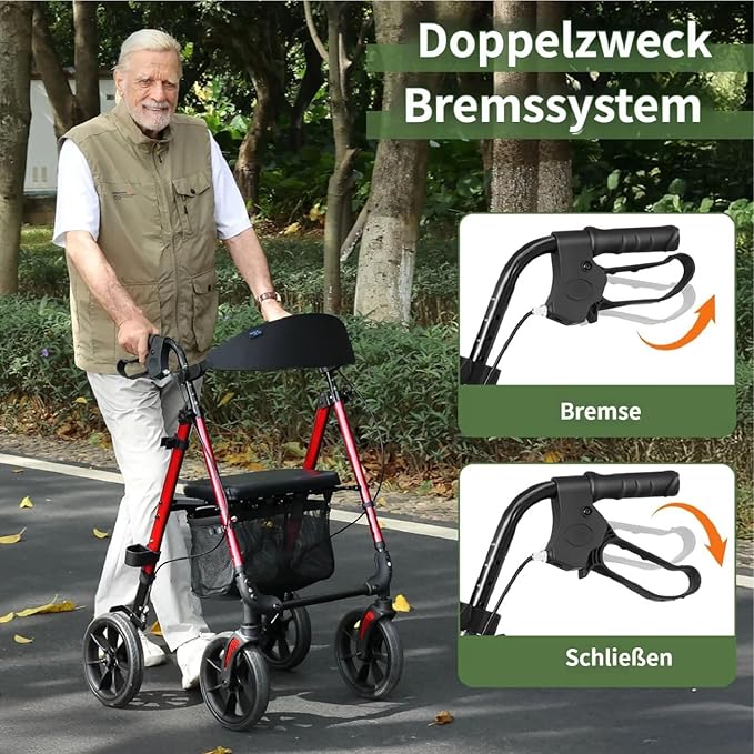 WALK MATE Walkers for Seniors, 4 x10 Inch Big Wheels Rollator Walker with Seat 350lb Weight Capacity Foldable All Terrain Rolling Walker, Lightweight Mobility Aid with Adjustable Height, Red