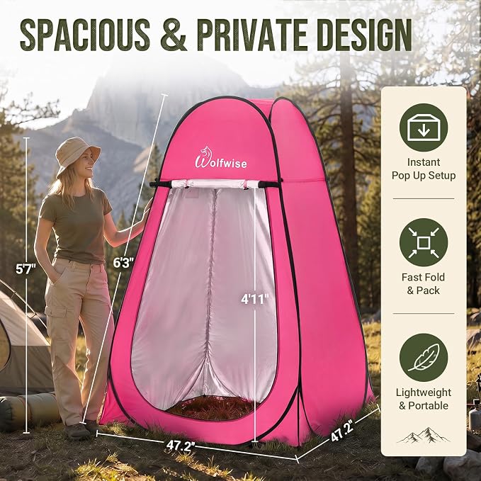 WolfWise Pop Up Shower Tent for Camping Essentials, Compact & Lightweight | Portable Instant Changing Tent with Window & Carry Bag, Privacy Dressing Room Bathroom for Outdoor, 6'3"/6'11" H