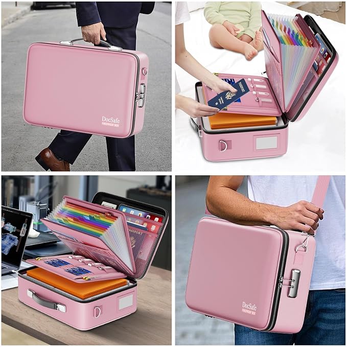 DocSafe Fireproof Document Box Hard Case with Lock ＆ Accordion File Folder | Fire and Water Resistant Safe Box,File Organizer,Multi-Pocket,Home Office Travel Storage for Important Document,Laptop,Pink