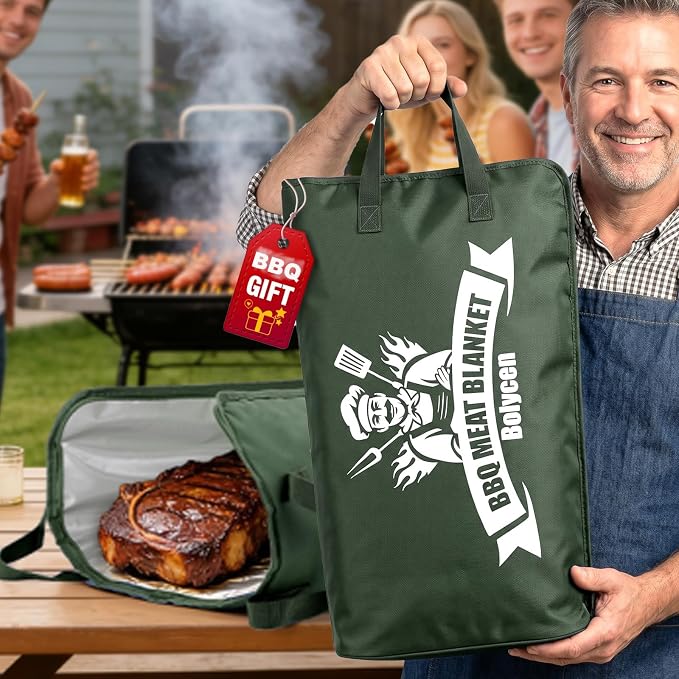 Upgraded BBQ Blanket for Resting Meat -Smoker Accessories Insulated Meat Resting Bag with Wide Mouth for Brisket/Steak/Pork Shoulder/Turkey - BBQ Accessories Grilling Gifts for Men (Green, 23inch)