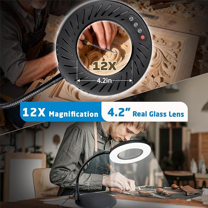 12X Magnifying Glass with Light and Stand, LED Magnifying Lamp with Clamp | 5 Color Modes, Stepless Dimmable, Flexible Gooseneck, for Diamond Painting and Small Craft Work Hobby Reading Sewing