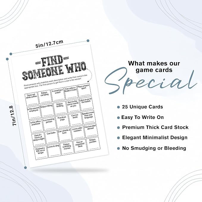 Find Someone Who Bingo Cards, 25 Unique Randomized 5x7 Sheets, Get to Know You Bingo Game for Adults, Ice Breaker Office Party Games, Team Building Games for Work, High Replay Value - A05