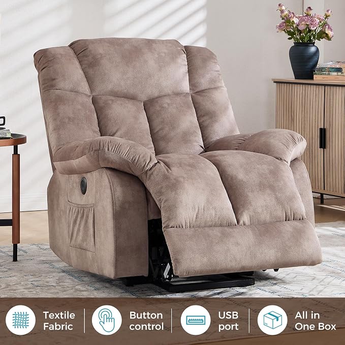 Power Lift Recliner Chair for Elderly, Heavy Duty and Safety Motion Reclining Mechanism-Antiskid Fabric Sofa Living Room Chair with Overstuffed Design, Light Tan