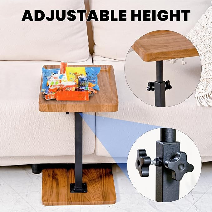 C Table End Table Adjustable Height,C Shaped End for Couch，Snack Tables,360°Swivel TV Tray Sofa Table,Tables that Slide Under,Coffee SideTable for Bed,Chair,Bath-tub (Original Wood Color)