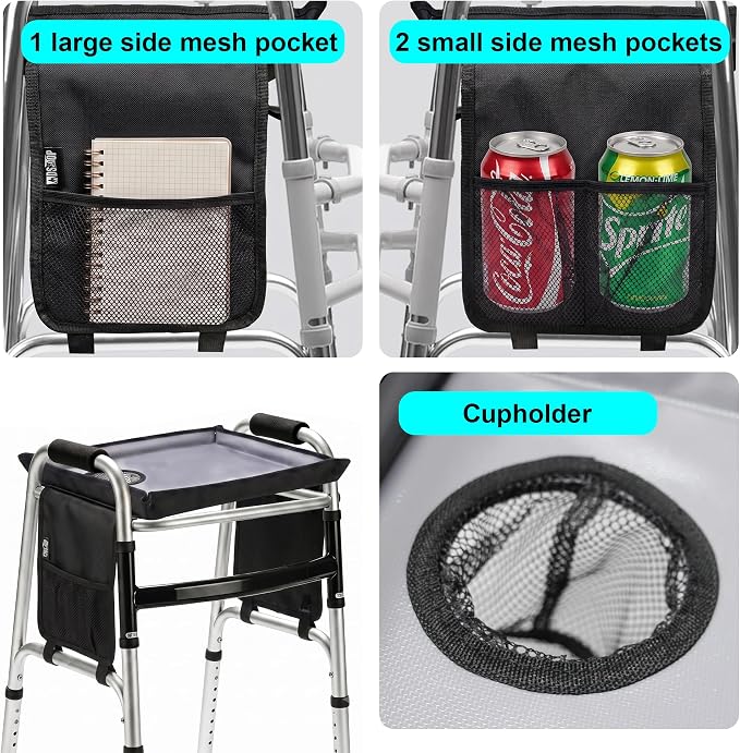 Walker Tray for Folding Walker with Cup Holder, Detachable Tray for Walker, Walker Accessories for Senior with Non-Slip Mat, Universal Fit for Meals, Drinks, Reading,Laptop (Black with Side Pockets)