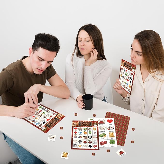 Casino Party Bingo Game Cards, Las Vega Bingo Set for Adults Large Group, Casino Themed Fun Games, Las Vega Party Activities, Icebreaker Games for Family Friends, 07