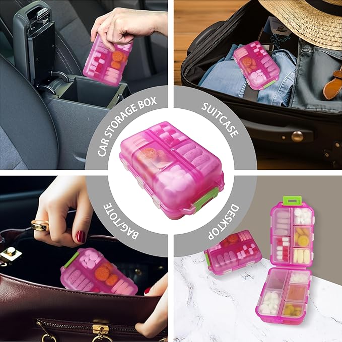 Large Pill Organizer with Medicine Labels - 7 Day Travel Daily Container, Mini Medication Storage Case (Pink, 161 Labels)
