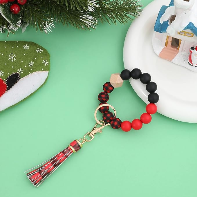 BAOSIWA Silicone Beaded Bracelet Keychain Wristlet Key Ring Bangle Chains for Women with Leather Tassel