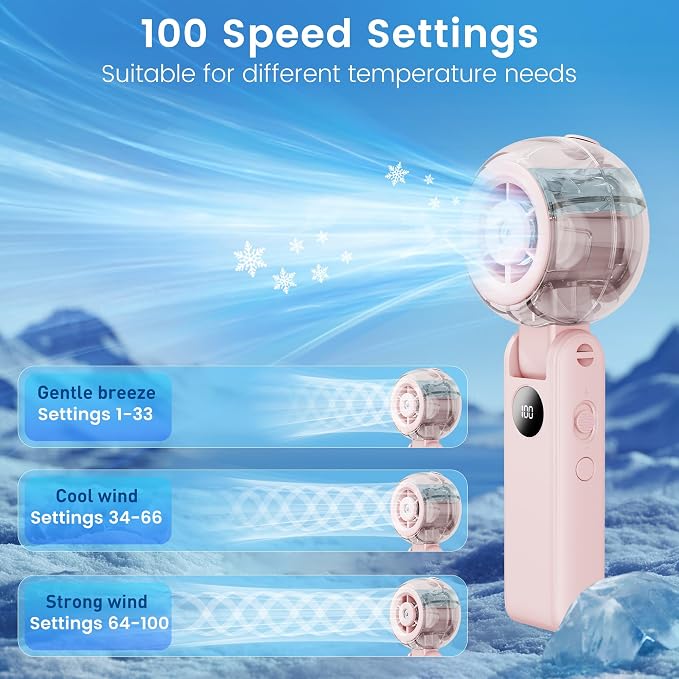 Portable Handheld Misting Fan, Personal Fan that Blow Cold Airflow | USB Rechargeable, LED Display, 100 Speeds, 155° Foldable, Small Neck Fan for Outdoor Travel, Beach, Makeup, Gifts for Women