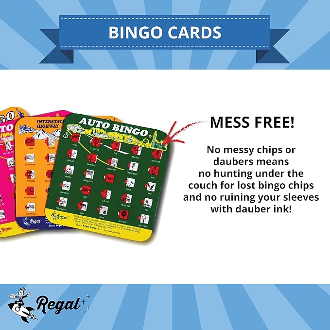 Regal Games Finger-Tip Shutter Bingo Cards with Sliding Windows - Interstate Bingo & Auto Bingo Game - Assorted Colors Travel Game Bingo Set Kids - Reusable, No Chips & Daubers Needed - 4 Packs
