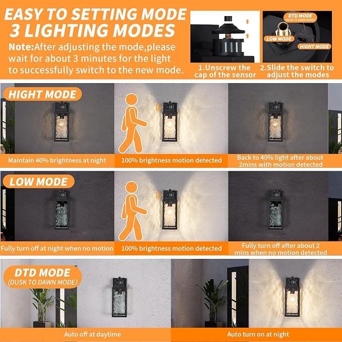 Motion Sensor Outdoor Wall Lights,Updated Dusk to Dawn Outdoor Lighting, Exterior Light Fixtures Wall Mount,Waterproof Porch Light Outside Lights for House