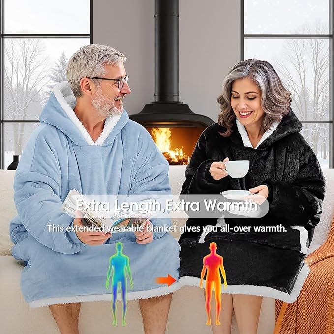JOYWOO Black Wearable Blanket Hoodie,Oversized Cat Lovers Sweatshirt Blanket for Adult,Birthday Gifts for Men,Father,Boy,Cozy Fuzzy Sherpa Hooded Blanket with Giant Pocket and Winter Gifts,Standard