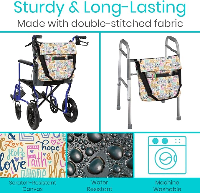 Vive XL Wheelchair Accessories Bag - Waterproof, Scratch-Resistant, Double-Stitched, Machine Washable for Adults, Seniors, 15 Colors - Storage Walker Backpack to Hang on Back