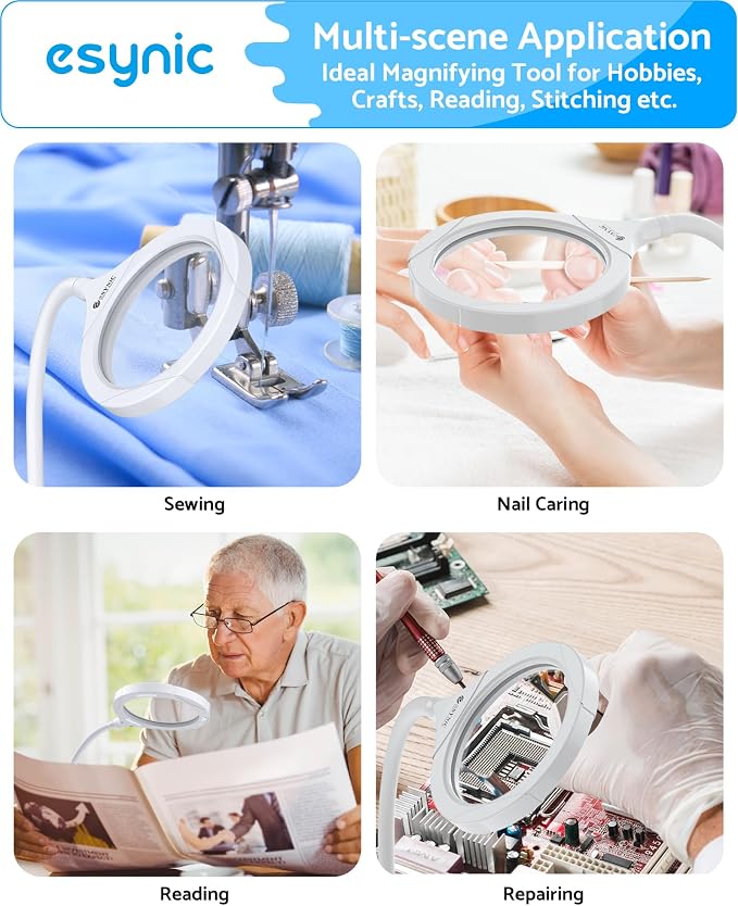 eSynic Desktop Magnifying Glass with 15 LED Lights-800mAh Rechargeable | 5X & 10X Acrylic Lens-3-Level Dimmable-Flexible Gooseneck-Clamp & Base Stand – for Reading/Soldering/Crafts/Elderly