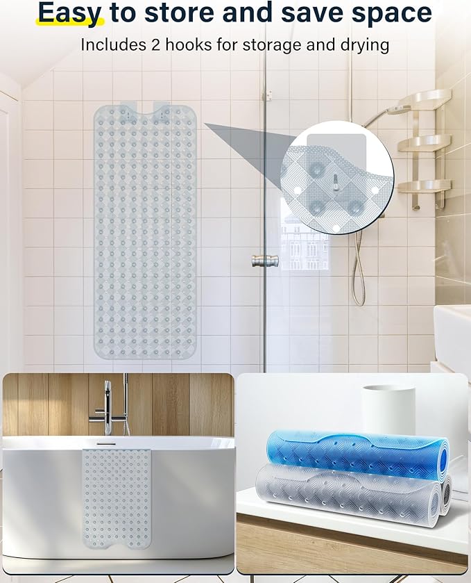 Non Slip Bathtub Mat for Tub & Shower, Machine Washable 40"x16" Anti Slip Bath Mat with 2 Hooks, Soft & Comfortable and Extra Large for Families, Clear