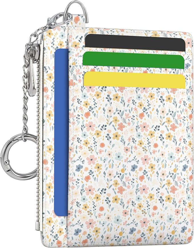 Hancynir White Floral Small Wallet Women Credit Card Holder, RFID Slim | Zipper Keychain Wallet, Travel Coin Front Pocket, Ladies Women Gifts, Thin Minimalist Card Case, 6 Card Slots, PU Leather