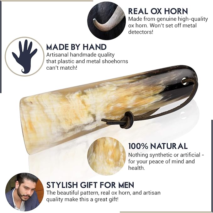 Lucky Franc's Real Horn Shoe Horn. Dress Shoe Horn for Men. Hand Crafted Luxury Horn Shoehorn for Home/Travel Use. Genuine Bull Ox Horns. A Fancy Natural Shoehorn Gift Idea. 7.25"x2" in Gift Box.