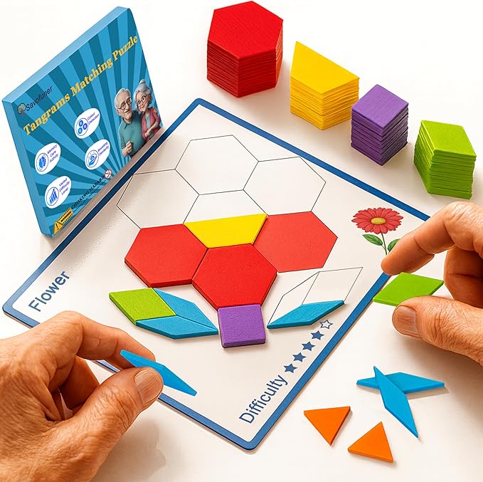 Memory Care Activities for Seniors, Wooden Cognitive Games for Elderly, 80 Pieces Tangram Puzzles for Alzheimer and Dementia Patients, Large Wooden Colorful Shape Pattern Matching Board Gifts (Hard)