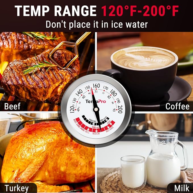 TempPro APT200 Meat Thermometer for Cooking with Extra-Large 2-Inch Dial, Analog Dial Food Cooking Thermometer for Poultry, Ham, Pork, Beef Candy Making Accessory (Previously ThermoPro)