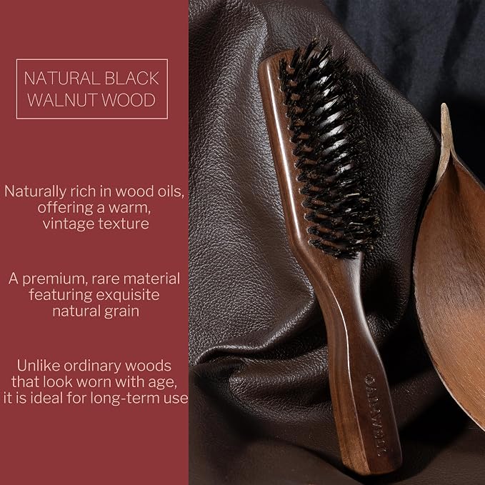 GAINWELL Mens Wild Boar Bristle Hair Brush for Men, Slick Back Hair Brush with Stiff Bristles for Thick & Thin Hair, Beard Brush Natural Black Walnut Wooden Handle Hairbrush