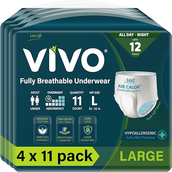 VIVO Organic Cotton Sensitive Skin Overnight Adult Incontinence Pullup Underwear, Women & Men, Large 44 Count
