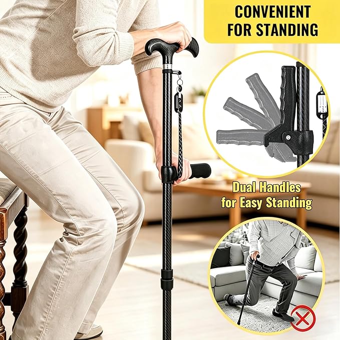 300 LB Heavy Duty Carbon Fiber Folding Walking Cane for Men and Women, Lightweight Adjustable Cane with Second Handle, Collapsible Walking Stick with Travel Bag (Black)