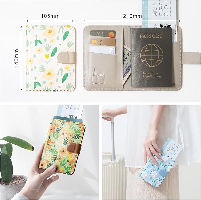 Leatherette Passport Holder with Floral Patterns, Premium PU Leather, Snap Button Closure, Travel Wallet Cover for Passport, Boarding Pass, and Cards (Kapok pink)