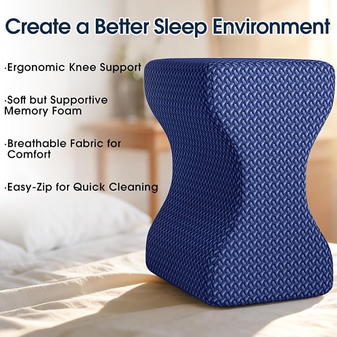 BlissTrends Memory Foam Knee Pillow, Knee Pillow for Side Sleepers, Leg Pillows for Sleeping Blood Circulation, Elevation Pillow for Spine Aligning, Sciatica, Hip, Knee, Ankle Pain, Blue, Medium