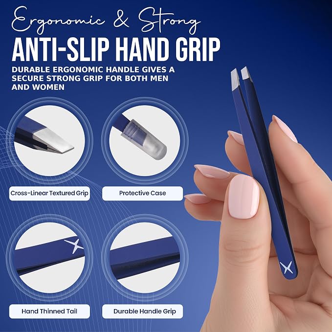 Slanted Stainless Steel Tweezers for Men & Women - Precision Eyebrow Tweezers for Facial Hairs, Strong Grip, Fine Tip, Professional Tweezer for Plucking & Grooming (Midnight Blue)