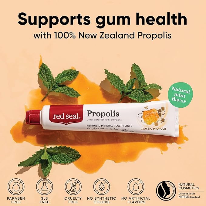 Red Seal Propolis Herbal & Mineral Natural Toothpaste - Mild Mint - Fluoride Free, Organic Toothpaste, NATRUE Certified Natural - Natural Gum Health, No Artificial Flavors, Cruelty-Free, 3.53 oz