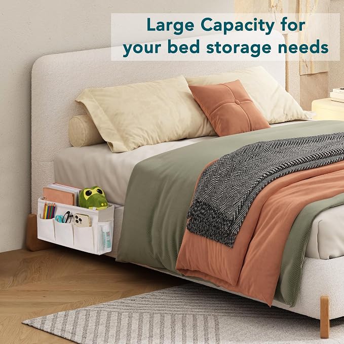 Bedside Caddy Storage Organizer for Bed Rails, Bed Caddy with 6 Pockets | Bedside Organizer with Fixed Straps and Hooks, Mattress Supported Versatile for Home, Dorm, Bunk, Hospital and Crib Bed