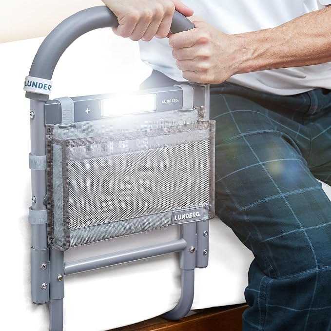 Lunderg Bed Assist Rail for Seniors - with Motion Light & Storage Pocket | Easy to Install Bed Rails for Elderly Adults Safety & Post-Surgery - Helps Reduce Falls & Support Independence