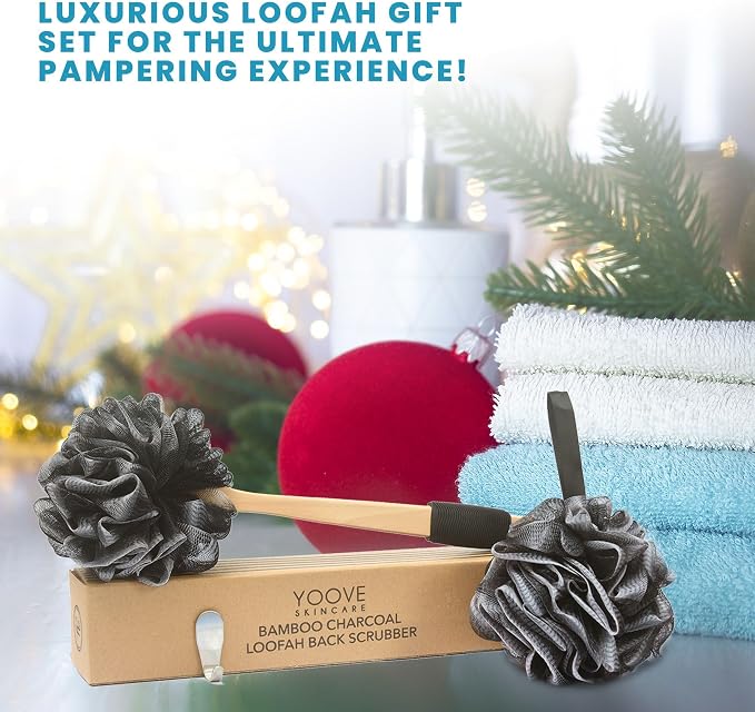 Bamboo Charcoal Infused Back Scrubber - Loofah with Handle | Exfoliating Shower Loofah for Men & Women - Features 1 Loofah on a Stick, 1 Loofa Pouf; Includes Hook (Black)