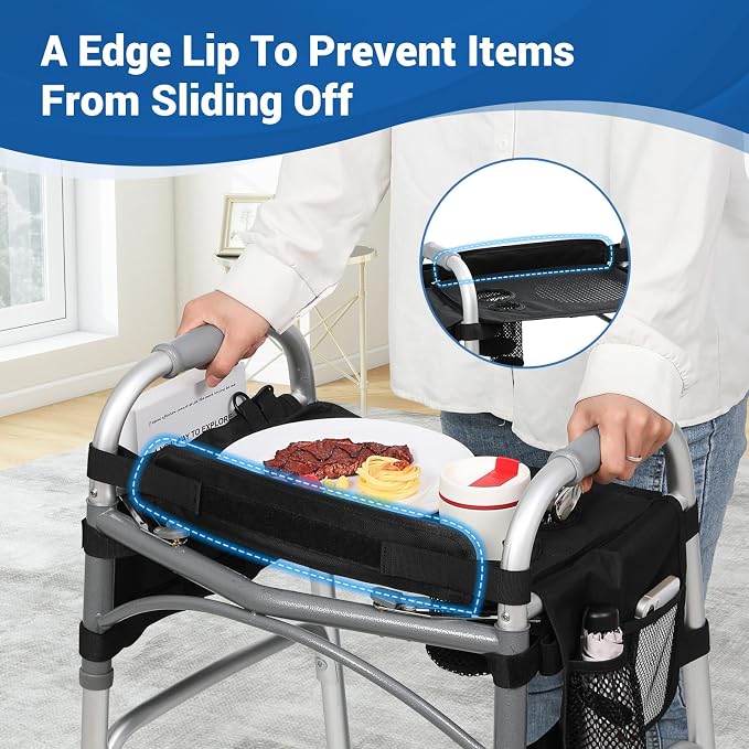 Tray for Walkers for Seniors with Cup Holder - Walker Accessories【w/Pockets, Cup Holder & Non Slip Mat for Food】Mobility Trays Fits Most Standard Folding Walkers, Easy & Removable Assembly