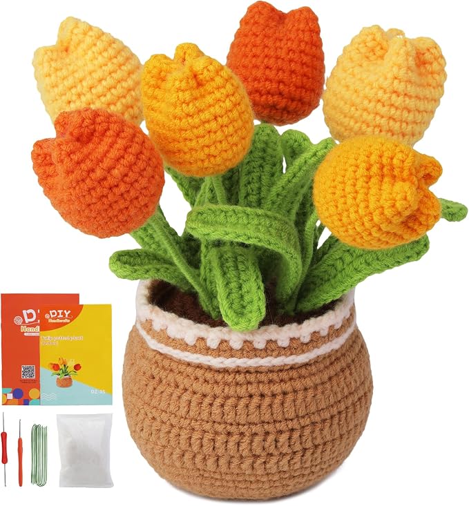 kgxulr Crochet Kit, Yellow Tulips Knitting Kit, Crochet Kit for Beginners | Crochet Kit for Beginners, Crochet Flower Kit, Beginner Crochet Kit for Adults with Step-by-Step Video Tutorials