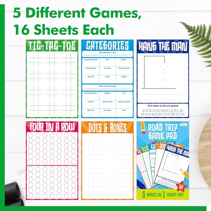 Gethelud Road Trip Game Pad, 80 Tear-Off Sheets 5 Classic Games in 1 Pad, Dots & Boxes, Tic-tac-Toe, Categories, Plane Travel, Car Trip Activity, Pen Pencil & Paper Game for Kids, Adults (4” x 6”)