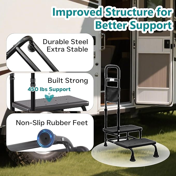 Step Stool with Handle – 2 Step Foot Stool for Adults, Non-Skid Bed Steps for High Beds, Adjustable Handrail with Night Light & Storage Bag, Safe Step Stool for Seniors & Elderly