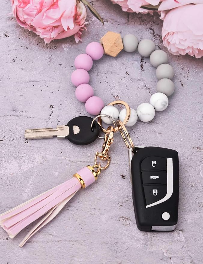 BAOSIWA Silicone Beaded Bracelet Keychain Wristlet Key Ring Bangle Chains for Women with Leather Tassel