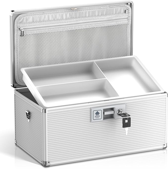 Medicine Lock Box with Key, Alluminum Alloy Box for Medication,First Aid Box with a Removeable Tray to Store Medicines & Pills for Home, Silver, 16 * 9.25 * 7.48 Inch