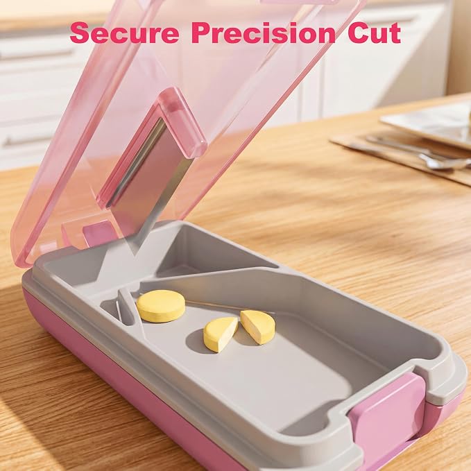 Fullicon Secure Precise Pill Cutter for Small Pills, Safe Tablet Slicer for Large Tiny Pills, Easy to Clean Coupe Pillule Portable Travel (Pink)