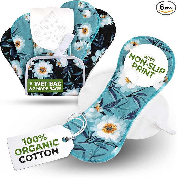 Non-Slip Reusable Incontinence Pads for Bladder Control (L+XL; 6-Pack); High Temp Washable Organic Cotton Cloth Pads with Fast Absorption & Odor Control; Ultra-Soft & Non-Irritating for Sensitive Skin