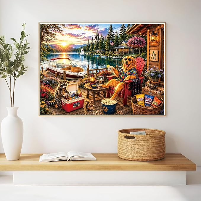 300 Piece Jigsaw Puzzle for Kids & Adults – Lake Life Scene with Golden Retriever, Boat, Cabin, Sunset Lake View & Outdoor Deck, Family Puzzle Gift for Boys Girls Ages 8+, 20.5 x 15 in