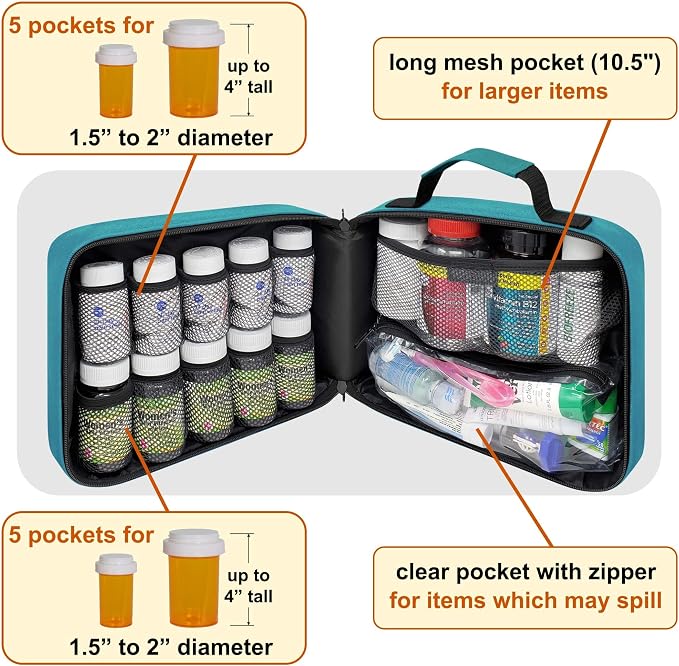Large Medicine Organizer Bag – 10 Pocket Pill Bottle Organizer for Travel & Home Storage, Turquoise