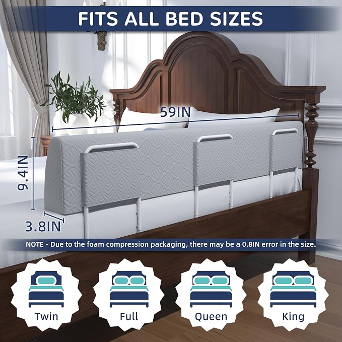 FigTime Bed Bumper for Toddlers, Foam Bed Rail for Toddlers, Toddler Bed Rail Bumper, Soft Safety Bed Guard Rail for Kids, Bed Side Rail for Twin, Full, Queen & King Beds (Grey, 59", 3-Bracket)